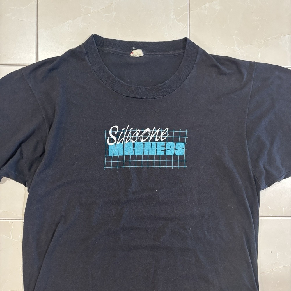 Vintage 80s Silicone Madness T Shirt Tech Bro Paper Thin Burnout Tee Men's L